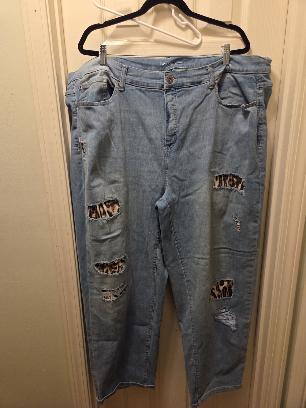 Distressed Womens Jeans with Leopard Patch Detail Boyfriend Fit